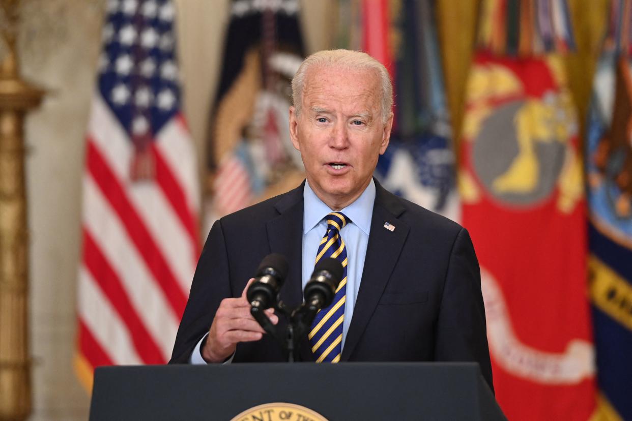TOPSHOT - US President Joe Biden speaks about the situation in Afghanistan from the East Room of the White House in Washington, DC, July 8, 2021. (Photo by SAUL LOEB / AFP) (Photo by SAUL LOEB/AFP via Getty Images)