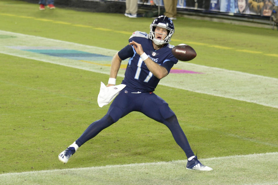 Tennessee Titans quarterback Ryan Tannehill (17) celebrates after scoring a touchdown against the Buffalo Bills on a 10-yard run in the first half of an NFL football game Tuesday, Oct. 13, 2020, in Nashville, Tenn. (AP Photo/Mark Zaleski)