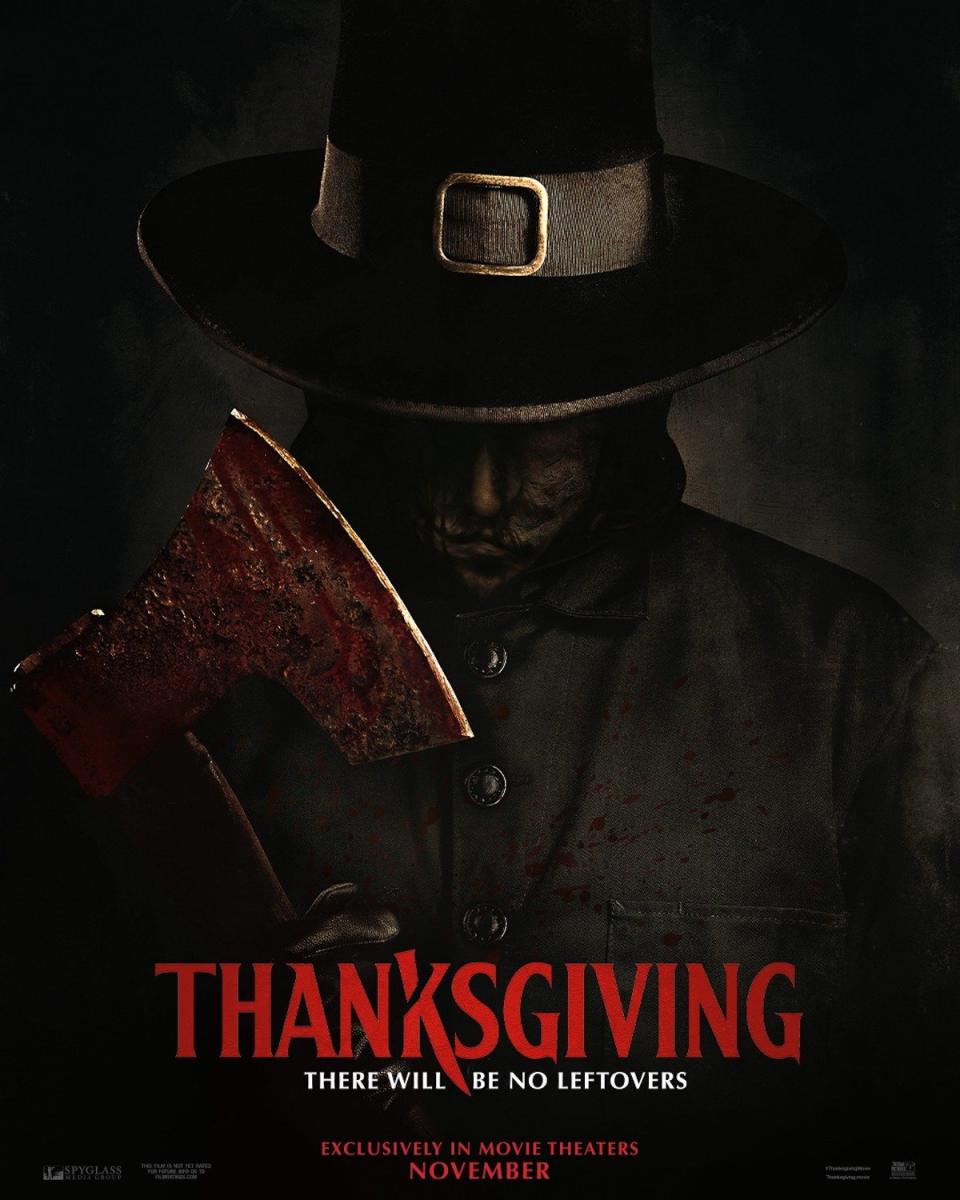 A poster for Eli Roth's Thanksgiving showing a masked pilgrim holding a bloody axe