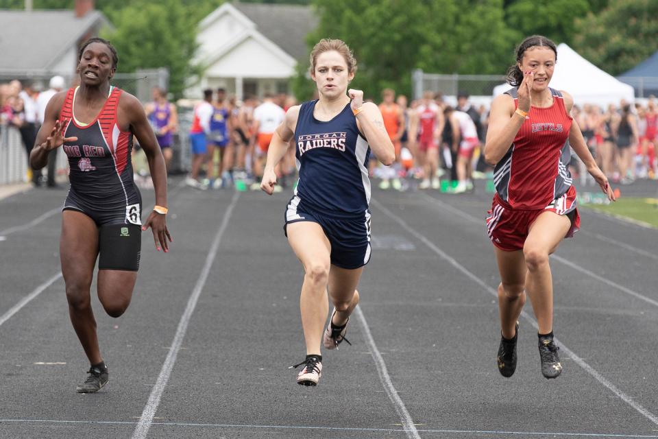 Morgan’s Josie Knierim took first place in the girls 100-meter dash with a time of 12.62 at the Division II regional track meet held at Chillicothe High School’s Obadiah Harris & Family Athletic Complex on Saturday, May 28, 2022, in Chillicothe, Ohio.