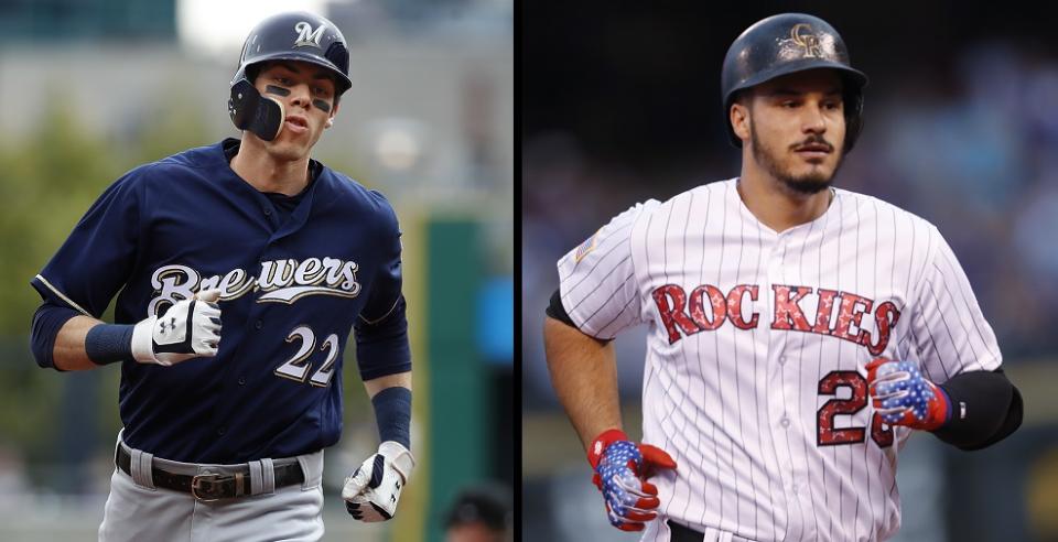 Underrated stars Christian Yelich (left) and Nolan Arenado will highlight a potential classic series between the Brewers and Rockies. (AP)