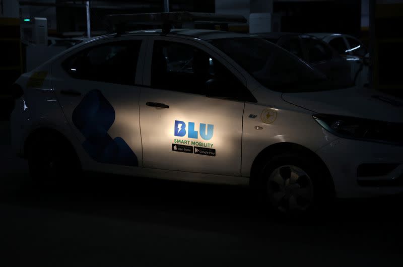 An Indian ride-hailing BluSmart Electric Mobility car is seen at its office in Gurugram