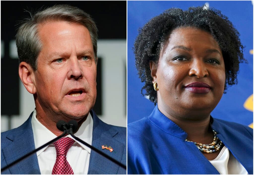 This combination of photos shows Georgia Gov. Brian Kemp, left, on May 24, 2022, in Atlanta, and gubernatorial Democratic candidate Stacey Abrams on Aug. 8, 2022, in Decatur, Ga. (AP Photo/John Bazemore, File)
