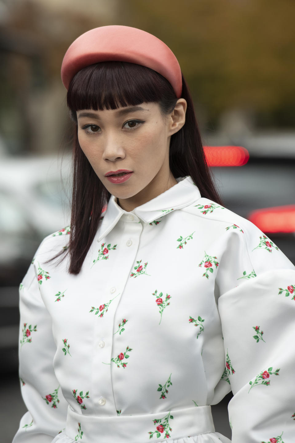 PARIS, FRANCE - SEPTEMBER 25: Dj Mademoiselle Yulia wears a Rochas dress and a pink headband on September 25, 2019 in Paris, France. (Photo by Kirstin Sinclair/Getty Images)