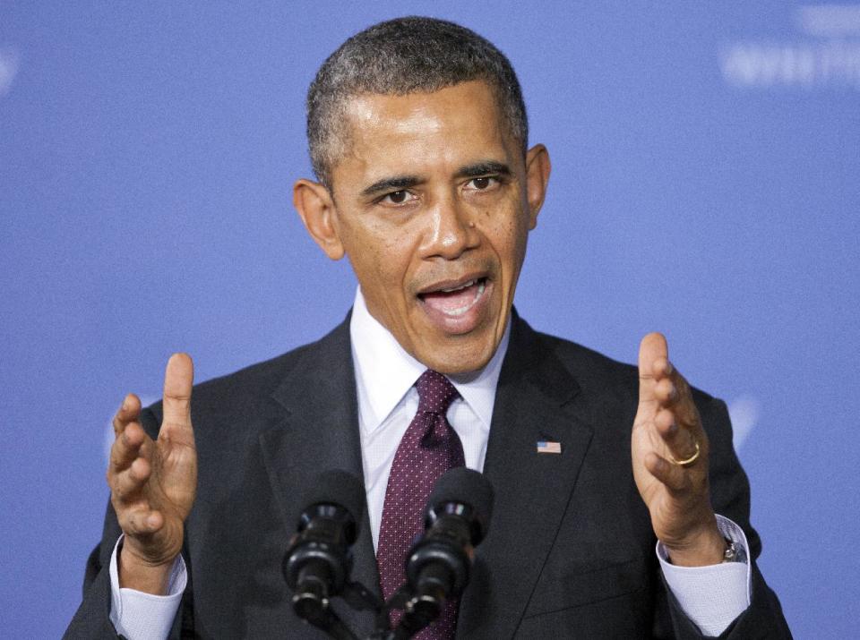 In this Feb. 4, 2014, photo, President Barack Obama speaks at Buck Lodge Middle School in Adelphi, Md. Six years into his presidency, Obama is unveiling a budget on Tuesday, March 4, 2014, that for once does not herald a partisan legislative showdown. There's no push to overhaul health care as he did in 2009, no drive as in 2010 to restrict Wall Street, or to increase taxes as in 2011 and 2012, or to halt automatic spending cuts as in 2013. (AP Photo/Manuel Balce Ceneta, File)