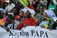 Kenyans wait expectantly for the convoy transporting Pope Francis as he arrives in Nairobi on November 25, 2015