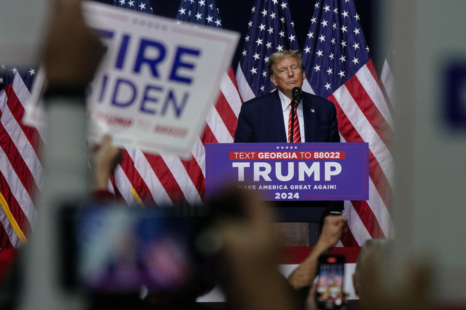 Former US President and 2024 presidential hopeful Donald Trump speaks during a campaign event in Rome, Georgia, on March 9, 2024. (Photo by Elijah Nouvelage / AFP) (Photo by ELIJAH NOUVELAGE/AFP via Getty Images)