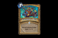 <p>Take a look at that art. Are you implying that we should play Smuggler's Run in a specific kind of deck, Blizzard? Perhaps with some nonsensical frog-people? Either way, most competitive players would rather drop a minion on turn one than buff their aggressive minions later. At most, this will be played as a one-off in aggro Paladin. </p>