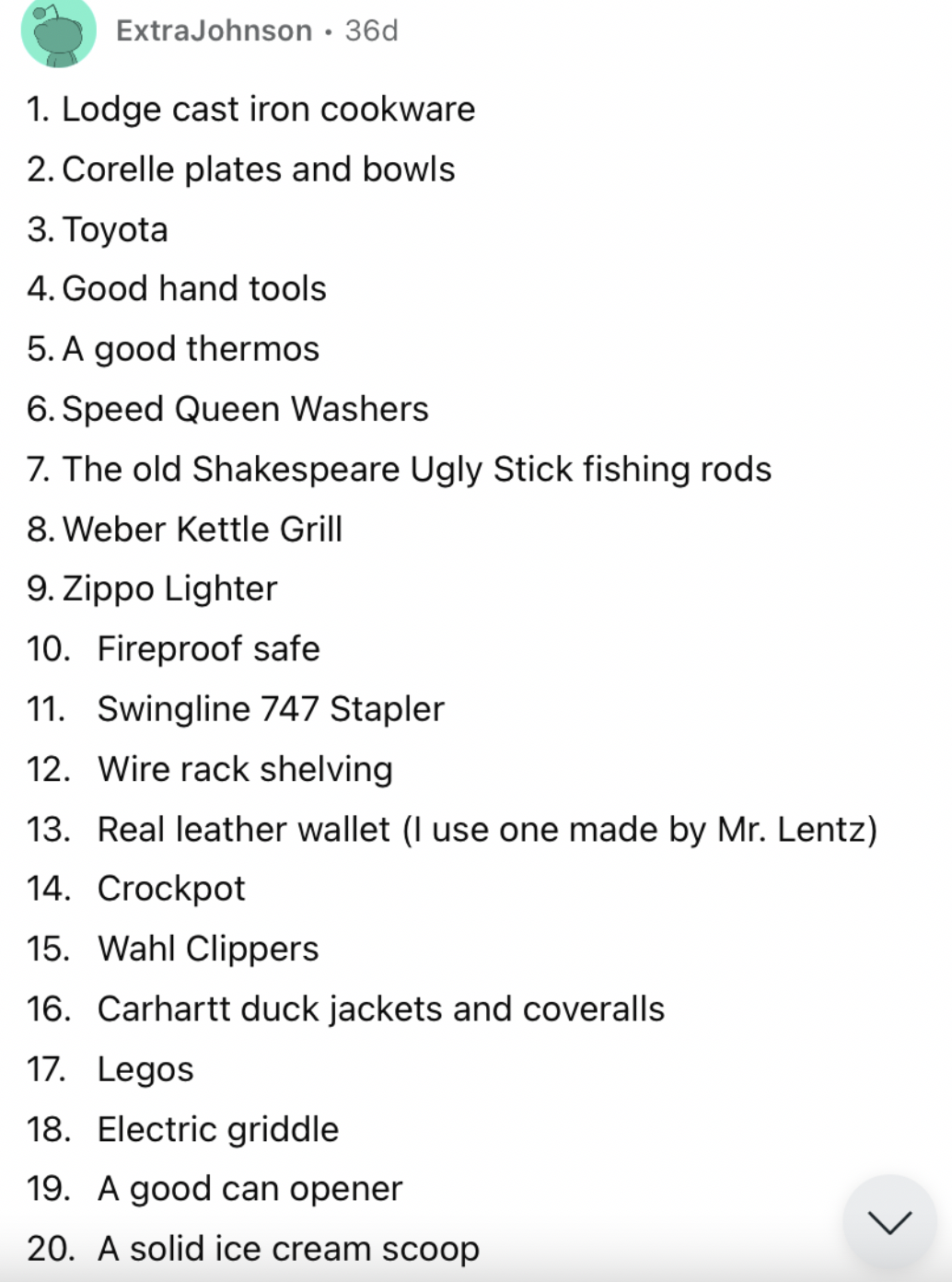 Reddit screenshot featuring numerous items that will last a very long time.