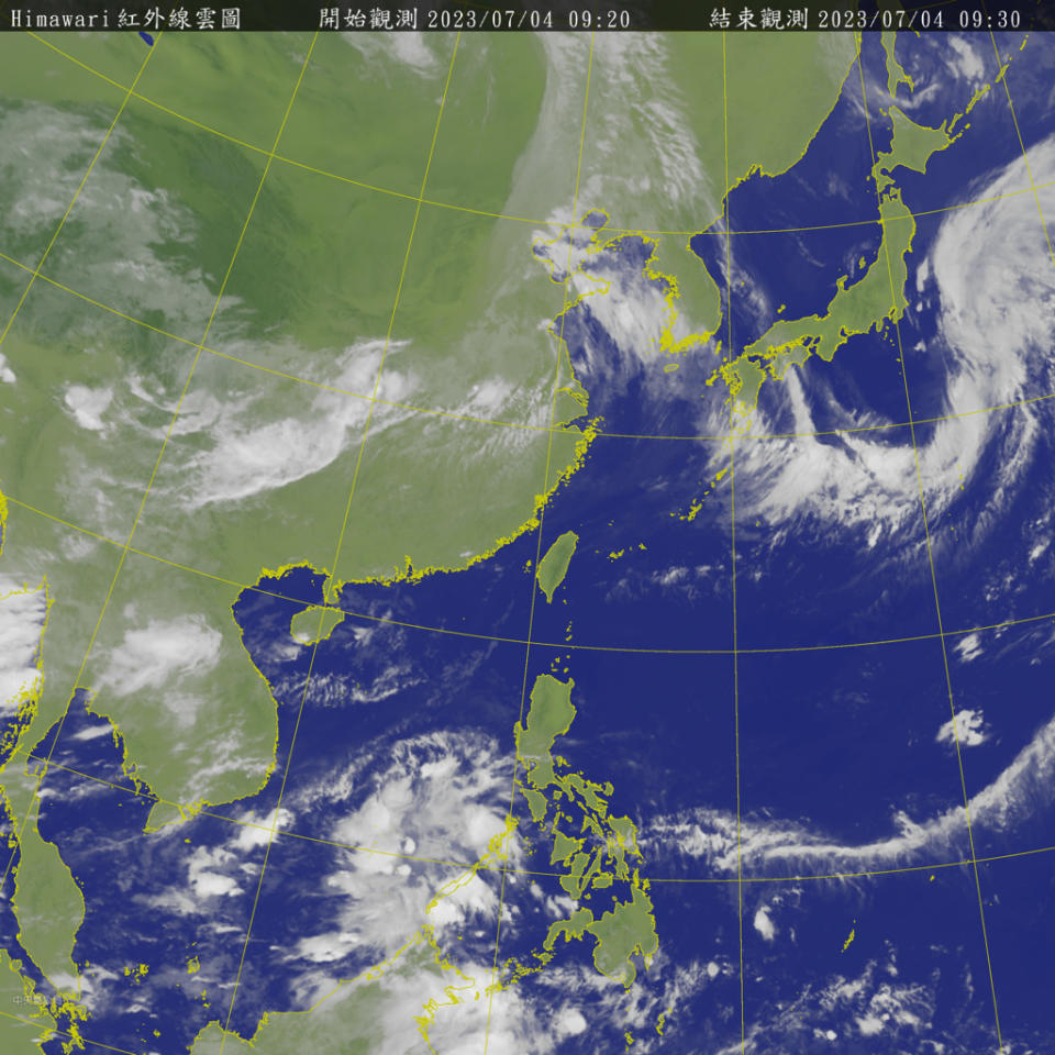 氣象專家賈新興表示，7月11日到7月15日之間，要留意熱帶性低氣壓或颱風發展。圖為台灣附近的衛星雲圖。(翻攝自氣象局)