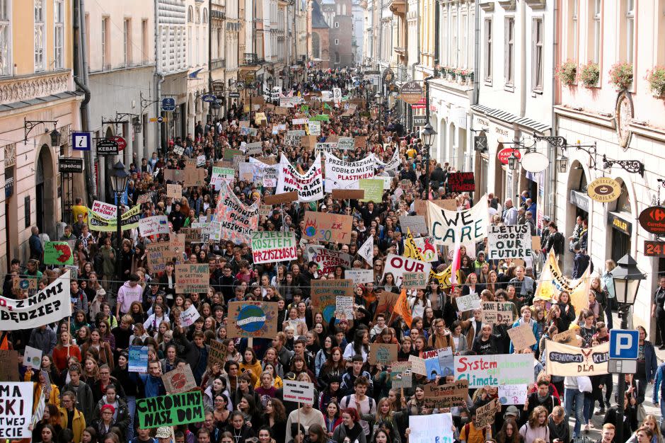 Activists take part in the Global Climate Strike in Krakow