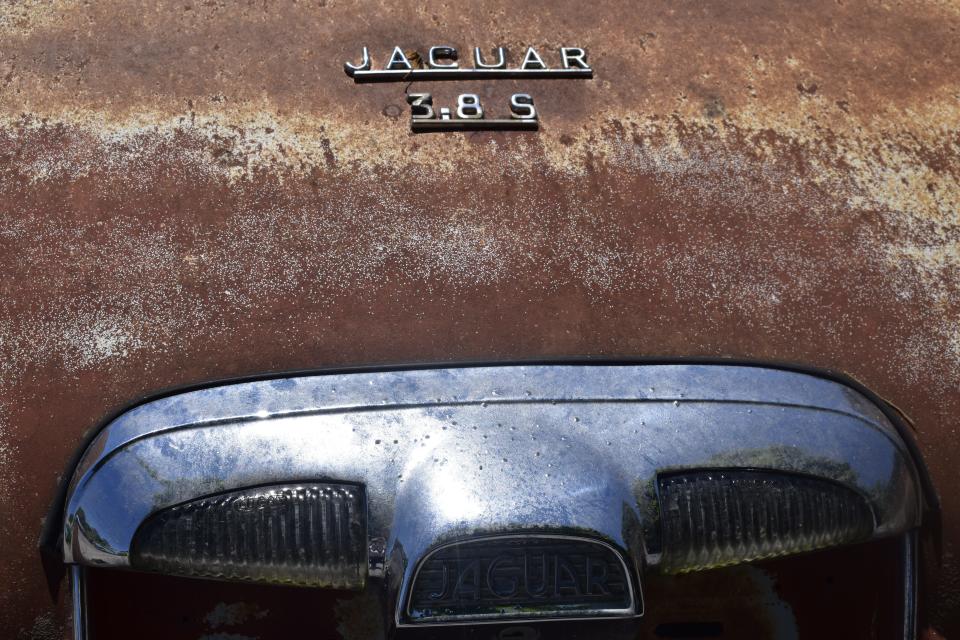 A close-up view of an old Jaguar, from the back.