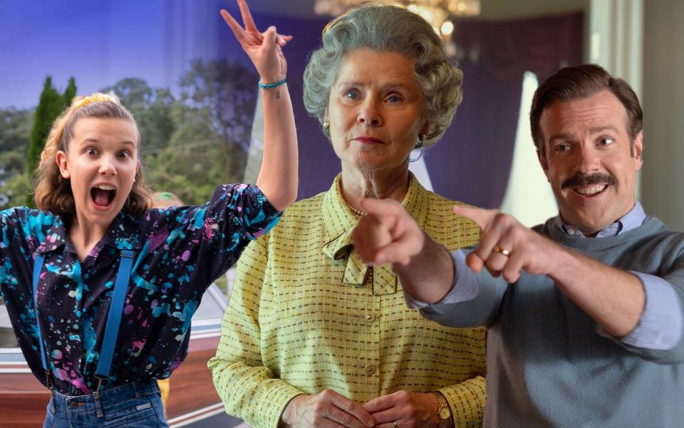 Ein Wiedersehen mit Eleven (Millie Bobby Brown, links) und Ted Lasso (Jason Sudeikis): 2022 starten nicht nur vielversprechende neue Serien, auch altbewährte Produktionen von Netflix, Amazon, Sky und Co. fahren mit neuen Folgen auf. Von welchen Publikums-Hits Sie in diesem Jahr Nachschub erwarten dürfen oder welche Fortsetzungen schon zum Streamen verfügbar sind, verrät die Galerie. (Bild: Netflix / Tina Rowden, Netflix / Alex Bailey, Apple)