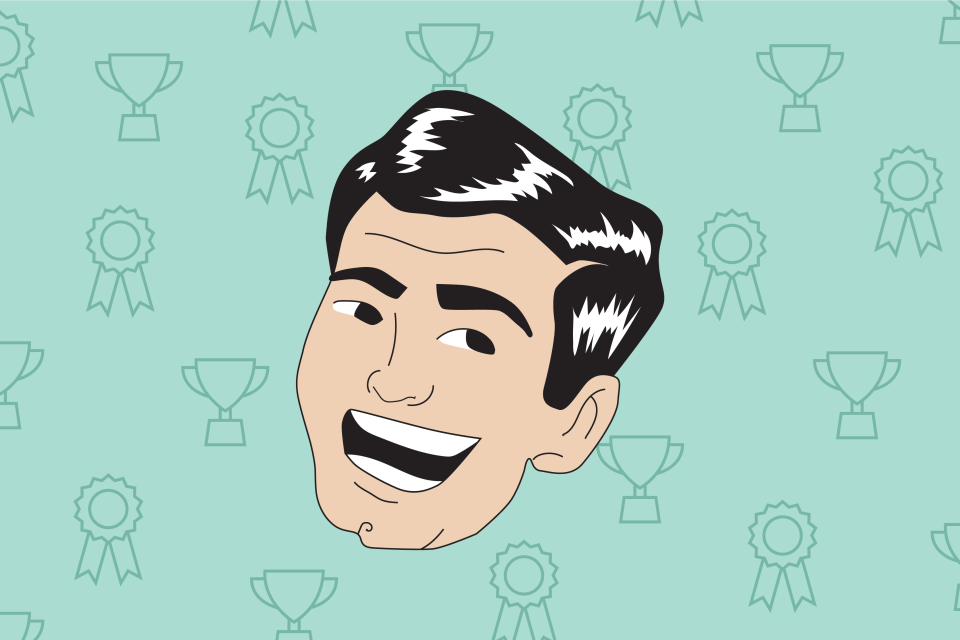 caricature of dad in front of trophy and award icons