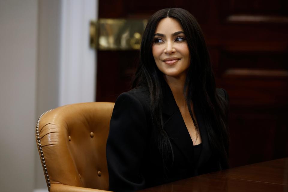 Reality television star and businesswoman Kim Kardashian attends a roundtable discussion on criminal justice reform hosted by Vice President Kamala Harris in the Roosevelt Room at the White House on April 25, 2024 in Washington, D.C. The meeting included four of the sixteen people who had been convicted of non-violent drug offenses in the past and received clemency from President Joe Biden earlier this week.