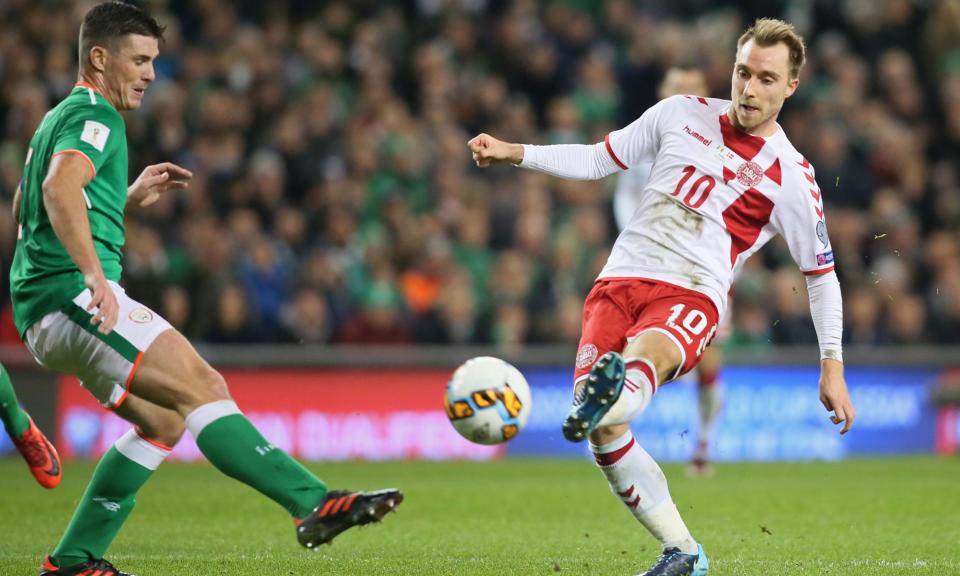 Christian Eriksen scores his second goal in Denmark’s 5-1 victory over Republic of Ireland that seals their place in the World Cup finals.