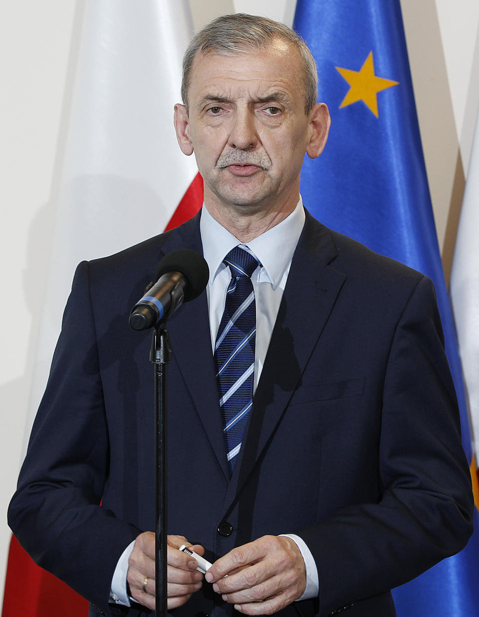 Head of Poland's main teachers' union, Slawomir Broniarz, tells reporters that the latest pay talks with the government have failed and the union will continue the protest that is in its 11th day, despite next month's important exams, in Warsaw, Poland, Thursday, April 18, 2019. (AP Photo/Czarek Sokolowski)