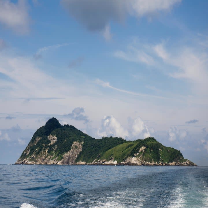 Snake island from the water, looking menacing