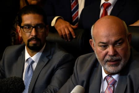 Johnny Mendez, President of the House of Representatives holds a news conference after a special session of the Legislative Assembly in San Juan