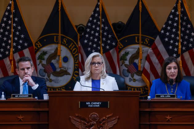 Jan. 6 committee members Rep. Adam Kinzinger (R-Ill.), Rep. Liz Cheney (R-Wyo.) and Rep. Elaine Luria (D-Va.) on Capitol Hill on July 21, 2022, in Washington, D.C. (Photo: The Washington Post via Getty Images)