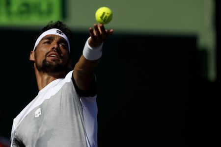 Mar 29, 2017; Miami, FL, USA; Fabio Fognini of Italy serves against Kei Nishikori of Japan (not pictured) on day nine of the 2017 Miami Open at Crandon Park Tennis Center. Fognini won 6-4, 6-2. Mandatory Credit: Geoff Burke-USA TODAY Sports