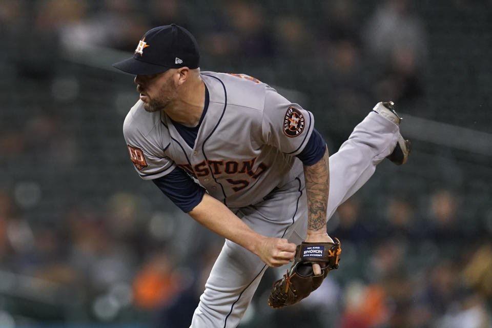 Houston Astros relief pitcher Ryan Pressly throws against the Detroit Tigers in the ninth inning of a baseball game in Detroit, Tuesday, Sept. 13, 2022. (AP Photo/Paul Sancya)