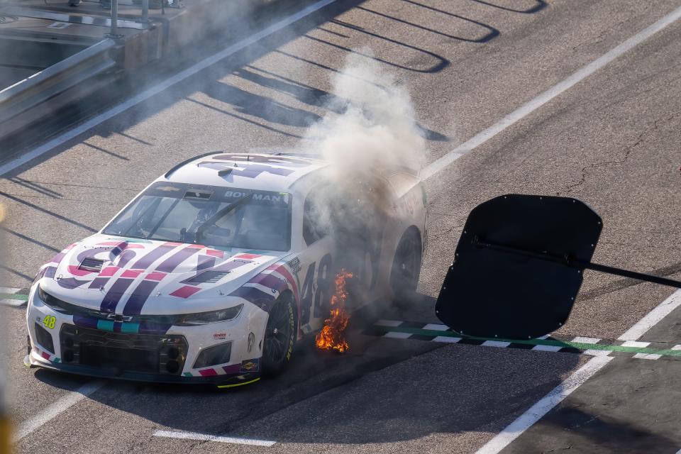 Alex Bowman, driver of the No. 48 Ally Chevrolet, drives with flames on the grid during last year's NASCAR race at Circuit of the Americas. This year's NASCAR race at COTA will be next Sunday.