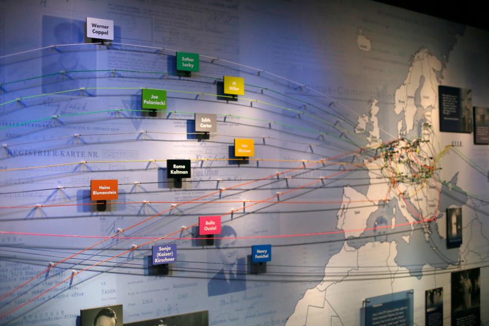 A museum installation shows the paths that local Holocaust survivors took from their European homes to settle in the Cincinnati area.