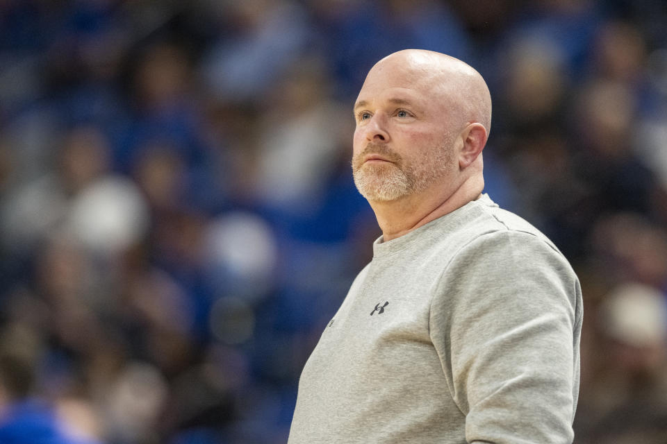 FILE - Indiana State head coach Josh Schertz looks on during an NCAA college basketball game against Illinois State, Tuesday, Feb. 13, 2024, in Terre Haute, Ind. In the MVC preseason poll, they were picked fourth. When they were written off after falling into an 18-point, second-half deficit in the MVC title game, the Sycamores valiantly fought back before losing 84-80 to Drake. And when the NCAA selection committee ignored their high NET ranking two weeks ago, Indiana State didn't fret.(AP Photo/Doug McSchooler, File