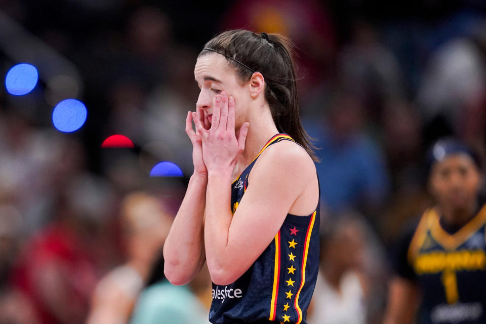 Indiana Fever guard Caitlin Clark (22) shows frustration during her team's loss to the New York Liberty on Thursday. (Grace Hollars-USA TODAY Sports)