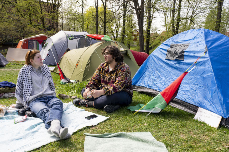 Pro-Palestinian students camp as they protest against the war in Gaza, at the University of Oslo, Norway, Tuesday May 7, 2024. (Javad Parsa/NTB Scanpix via AP)