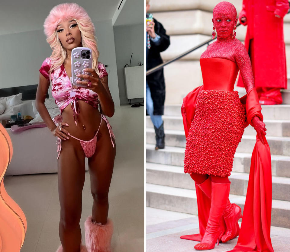 L: Doja Cat takes a mirror selfie. R: Doja Cat at Paris Fashion Week in an all red outfit