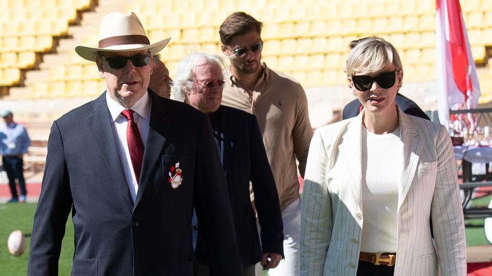 Prince Albert II of Monaco, Princess Charlene of Monaco, attend the Sainte Devote Rugby Tournament At Stade Louis II on April 20, 2024 in Monaco, Monaco.