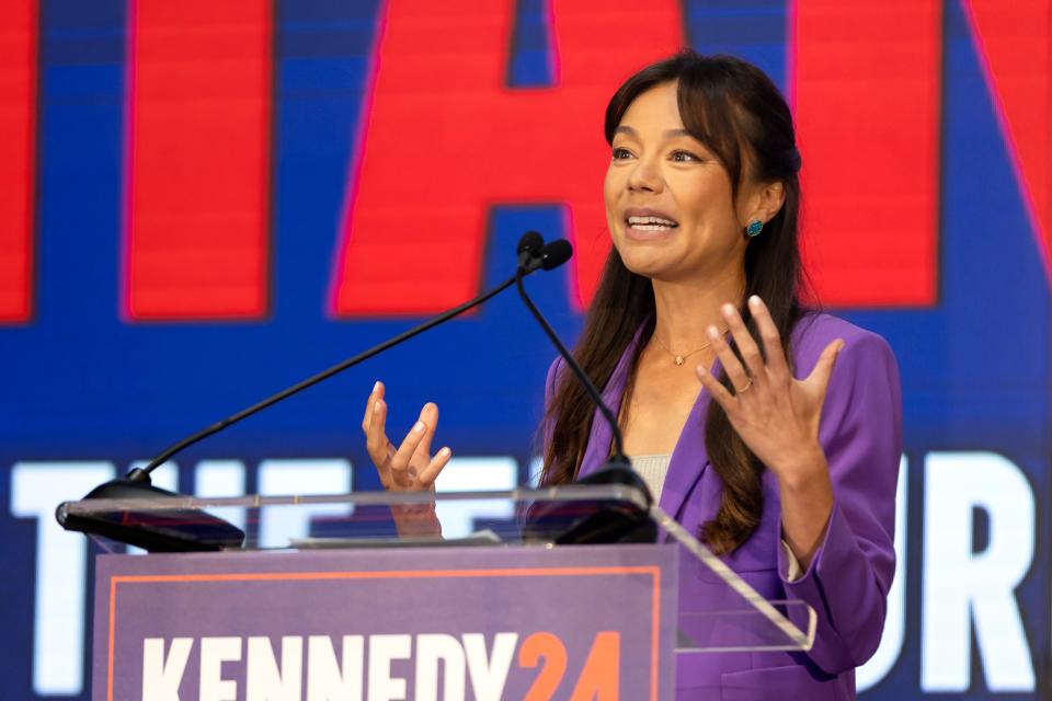 Nicole Shanahan speaks during a rally Tuesday after being announced as the running mate for presidential candidate Robert F. Kennedy Jr.