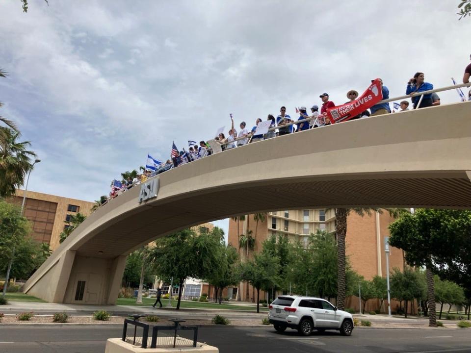 Pro Israel supporters gathered at Arizona State University's Tempe campus on May 5, 2024 to express their support for the country and called for Hamas to release its remaining hostages.