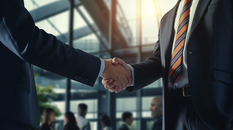 A businessman in a suit shaking hands in a modern office building, showcasing the company's investment banking division.