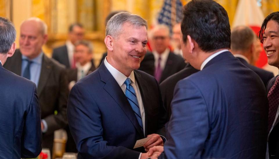 North Carolina Attorney General Josh Stein talks with guests prior to a luncheon in honor of Japanese Prime Minister Fumio Kishida on Friday, April 12, 2024 at the Executive Mansion in Raleigh, N.C.