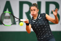 Sara Sorribes Tormo of Spain plays a forehand in her ladies singles first round match against Alison Van Uytvanck of The Netherlands during Day one of the 2019 French Open at Roland Garros on May 26, 2019 in Paris, France. (Photo by Clive Mason/Getty Images)