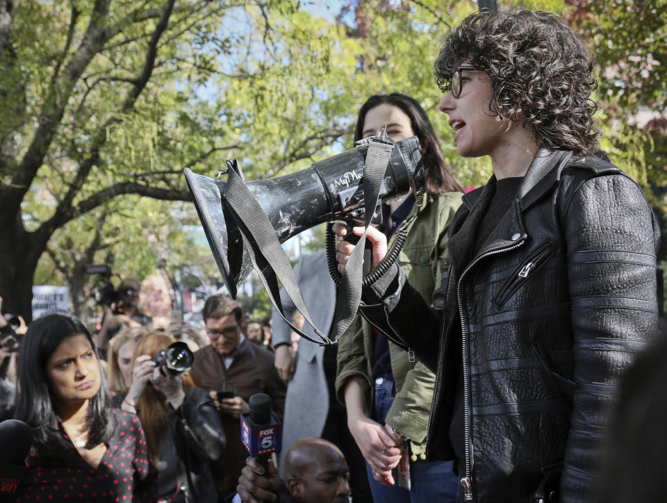 Claire Stapleton (left) and Meredith Whittaker (right) addressing Google employees at the walkout in November. (Photo: ASSOCIATED PRESS)