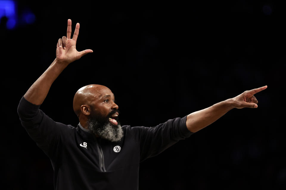 NEW YORK, NEW YORK - DECEMBER 2: Brooklyn Nets head coach Jacque Vaughn directs his team against the Toronto Raptors during the first half at Barclays Center on December 2, 2022 in New York City. NOTE TO USER: User expressly acknowledges and agrees that, by downloading and or using this Photograph, user is consenting to the terms and conditions of the Getty Images License Agreement.  (Photo by Adam Hunger/Getty Images)