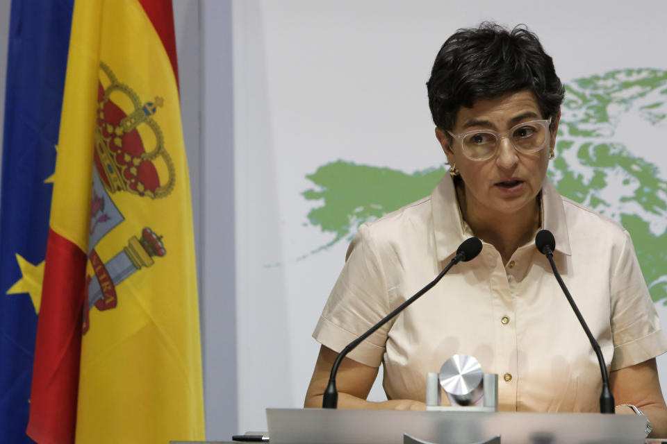 Spain's Foreign Minister Arancha Gonzalez Laya speaks during a news conference with her Cypriot countepart Nikos Christodoulides at the Cypriot Foreign Ministry building in the capital Nicosia, Cyprus, on Wednesday, Sept. 30, 2020. Laya said her visit aimed to convey her country's solidarity with Cyprus amid tensions over a Turkish gas search in waters were Cyprus claims exclusive economic rights. (AP Photo/Petros Karadjias)