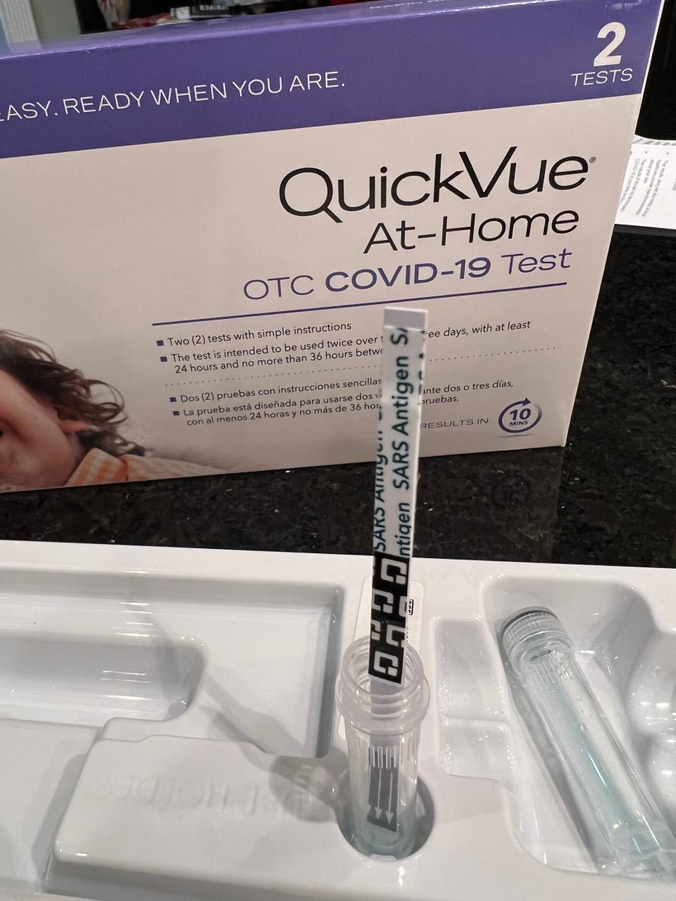 An at-home COVID test strip is awaiting its 10 minute test results. This Quidel QuickVue antigen at-home test was administered Jan. 1, 2022 and was provided by the state of Vermont in order to test students before returning to the classroom on Jan. 3, 2022.