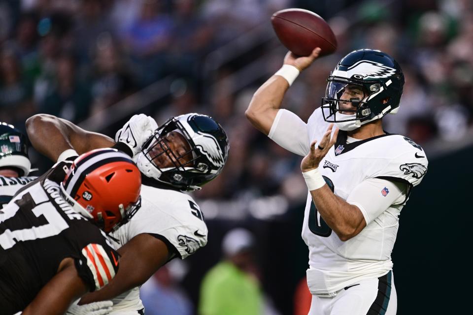 Philadelphia Eagles quarterback Marcus Mariota (8) throws the ball during the first half of an NFL preseason football game against the Cleveland Browns on Thursday, Aug. 17, 2023, in Philadelphia. (AP Photo/Derik Hamilton)