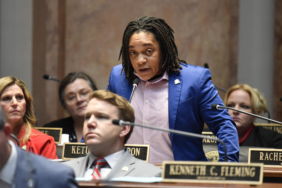 CORRECTS BILL - Kentucky House Representative Keturah Herron speaks out against Senate Bill 150 at the Kentucky House of Representatives in Frankfort, Ky., Thursday, March 16, 2023. (AP Photo/Timothy D. Easley)