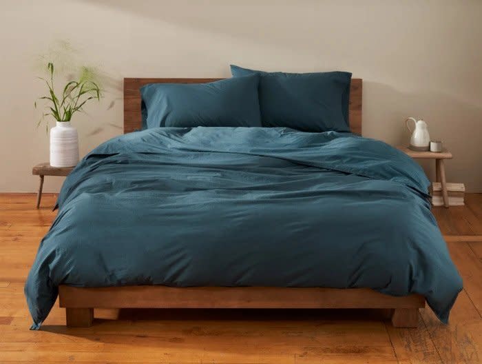 Coyuchi Organic Crinkled Percale Sheets in Aegean