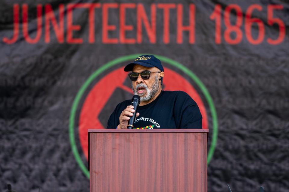 June 15, 2024;  Leonia, NJ;  Junius "Jeff" Carter, president of the Bergen County NAACP, speaks Saturday during the Juneteenth celebration at Overpeck County Park.