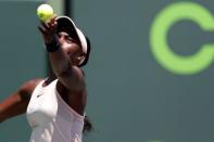 Mar 29, 2018; Key Biscayne, FL, USA; Sloane Stephens of the United States serves against Victoria Azarenka of Belarus (not pictured) in a women's singles semi-final of the Miami Open at Tennis Center at Crandon Park. Mandatory Credit: Geoff Burke-USA TODAY Sports