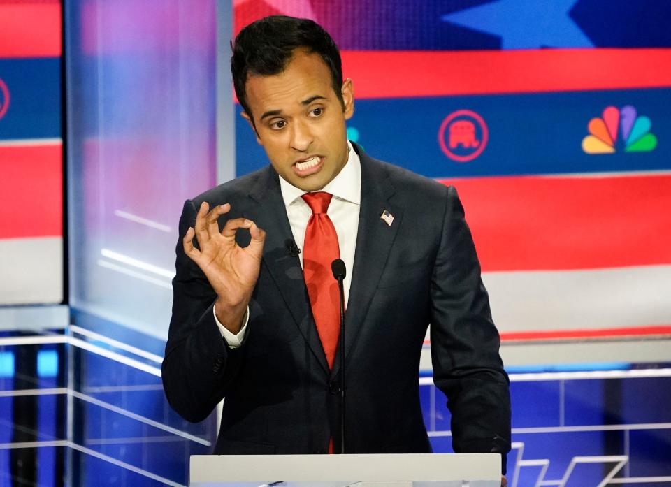 Nov 8, 2023; Miami, FL, USA; Businessperson Vivek Ramaswamy during the Republican National Committee presidential primary debate hosted by NBC News at Adrienne Arsht Center for the Performing Arts of Miami-Dade County.. Mandatory Credit: Jonah Hinebaugh-USA TODAY