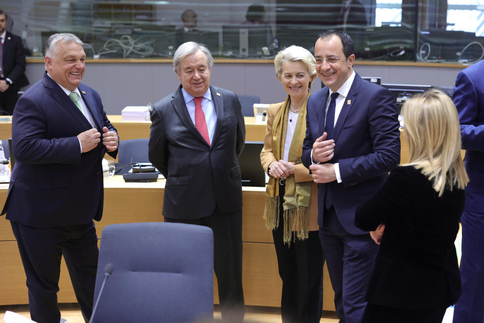 From left, Hungary's Prime Minister Viktor Orban, United Nations High Commissioner for Refugees Antonio Guterres, European Commission President Ursula von der Leyen, Cypriot President Nikos Christodoulides and Italy's Prime Minister Giorgia Meloni during a round table meeting at an EU summit in Brussels, Thursday, March 23, 2023. European Union leaders meet Thursday for a two-day summit to discuss the latest developments in Ukraine, the economy, energy and other topics including migration. (AP Photo/Olivier Matthys)