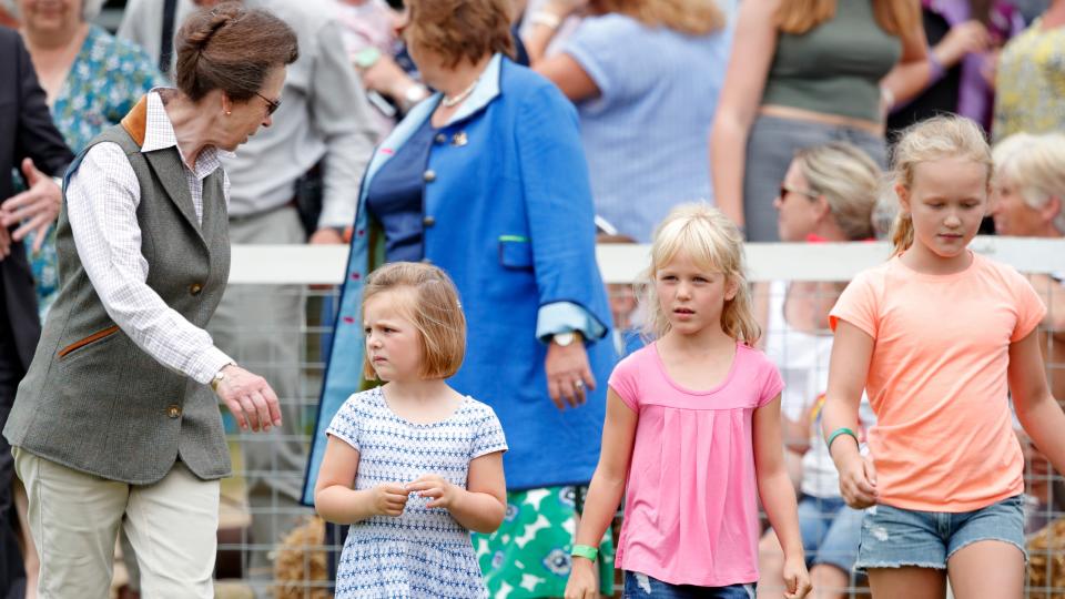 Princess Anne, Princess Royal and granddaughters Mia Tindall, Isla Phillips and Savannah Phillips attend day 2 of the 2019 Festival of British Eventing